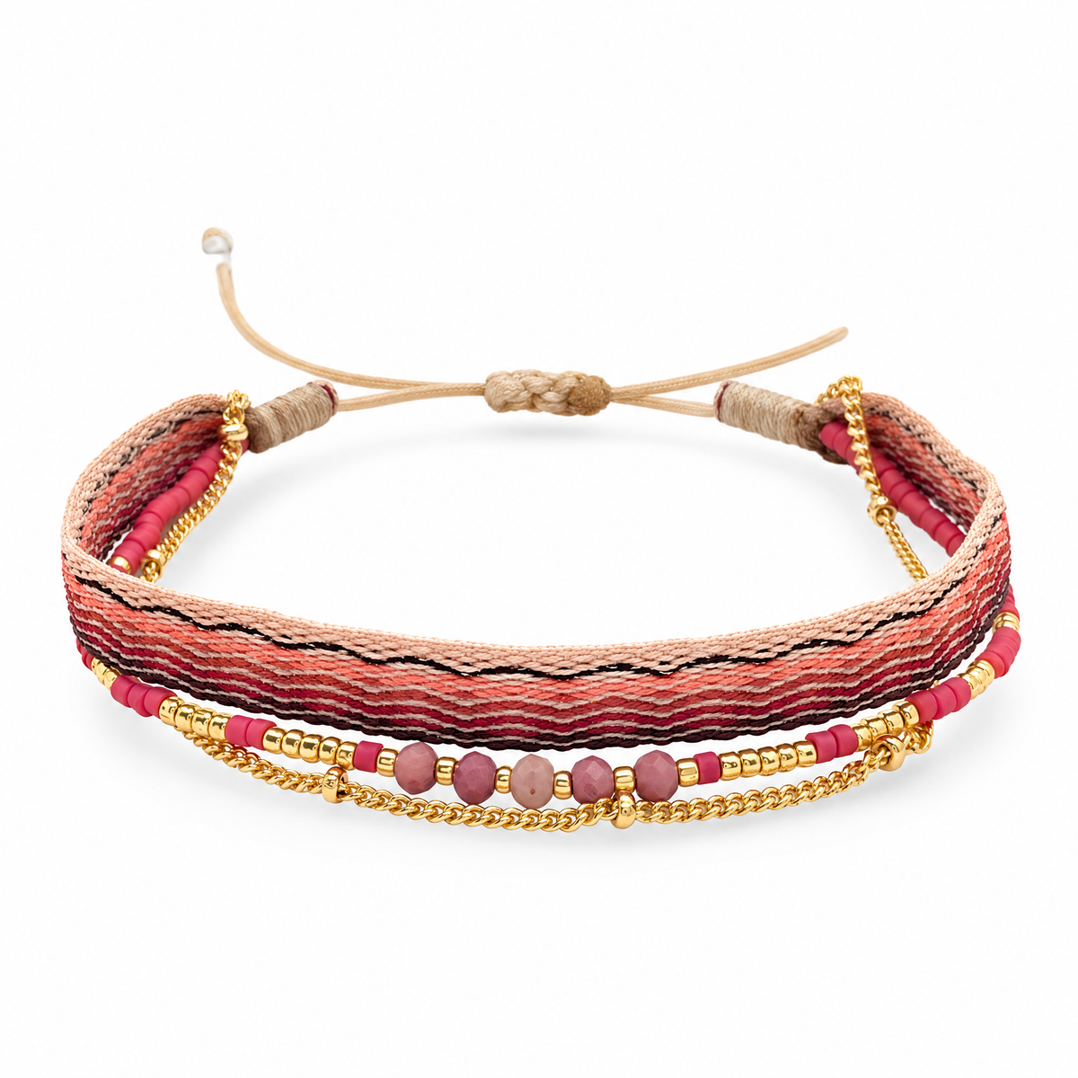 Packshot studio bracelet Bracelet multi-rangs en pierres naturelles et perles Miyuki, finition doree, modele Thaliane Rhodochrosite, vue de face sur fond blanc — 9 octobre 2026