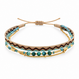 Packshot studio bracelet Bracelet multi-rangs en pierres naturelles et perles Miyuki, finition doree, modele Thaliane Turquoise africaine, vue de face sur fond blanc — 9 octobre 2026