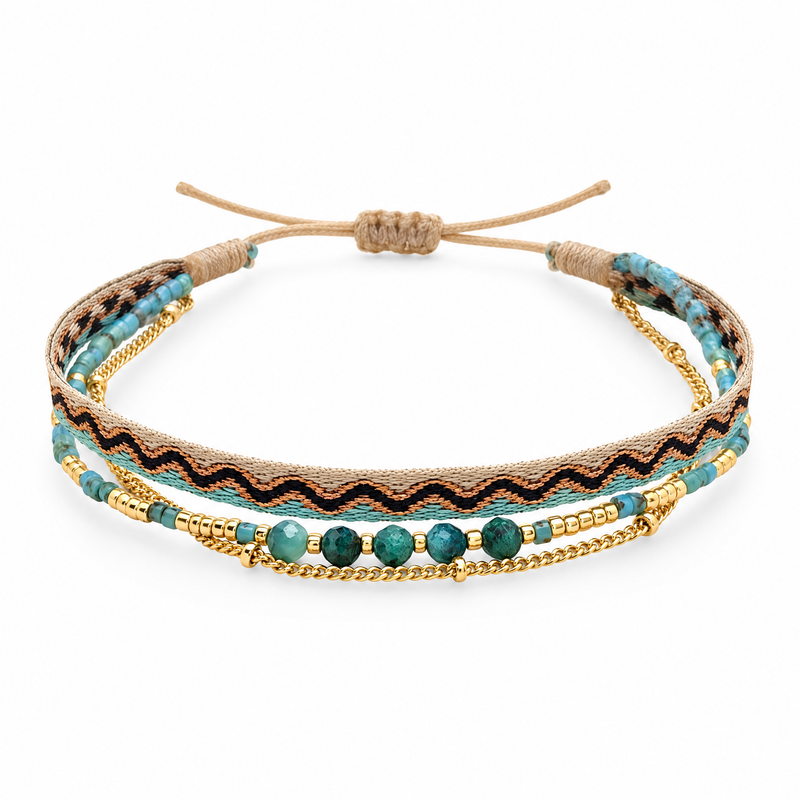 Packshot studio bracelet Bracelet multi-rangs en pierres naturelles et perles Miyuki, finition doree, modele Thaliane Turquoise africaine, vue de face sur fond blanc — 9 octobre 2026