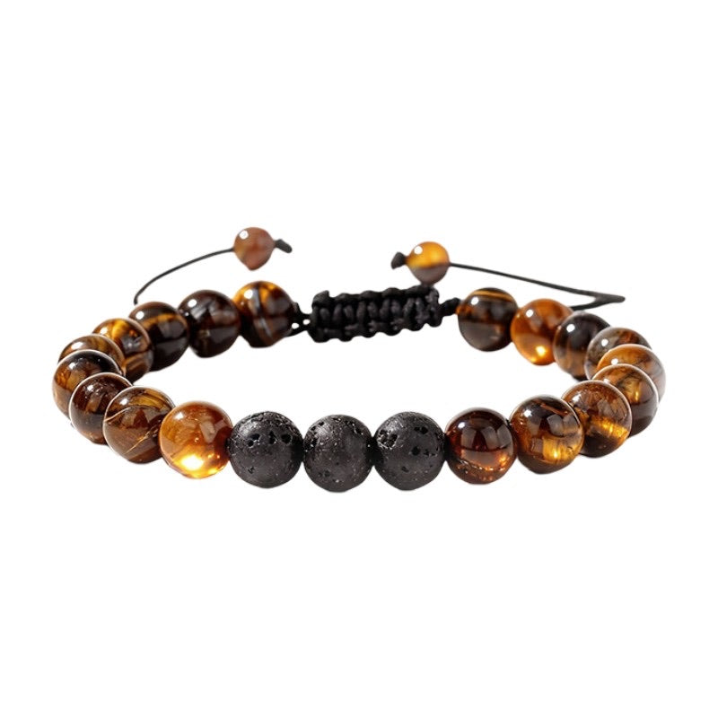 Adjustable bracelet in tiger's eye stones and volcanic rock beads, simple cord, Trédo model