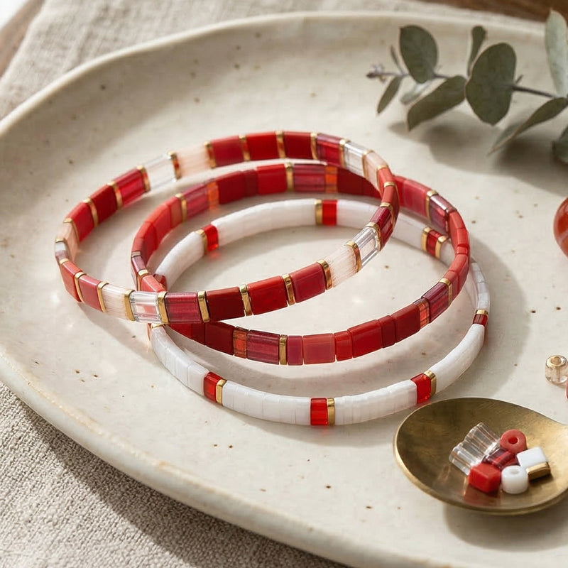 Set of Three Japanese Miyuki Red and White Beaded Bracelets, Women's Jewelry Set, Elastic Wrist Accessories, Pack of Three Pieces, Bold and Feminine Accessories, Anuka Model