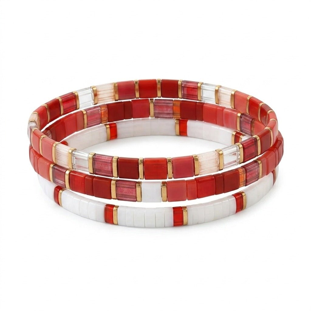 Trio de Bracelest en perles du Japon Miyuki rouge et blanc, parure pour femme, bijoux de poignet élastiques, lot de trois pièces, accessoires intenses et féminins, modèle Anuka