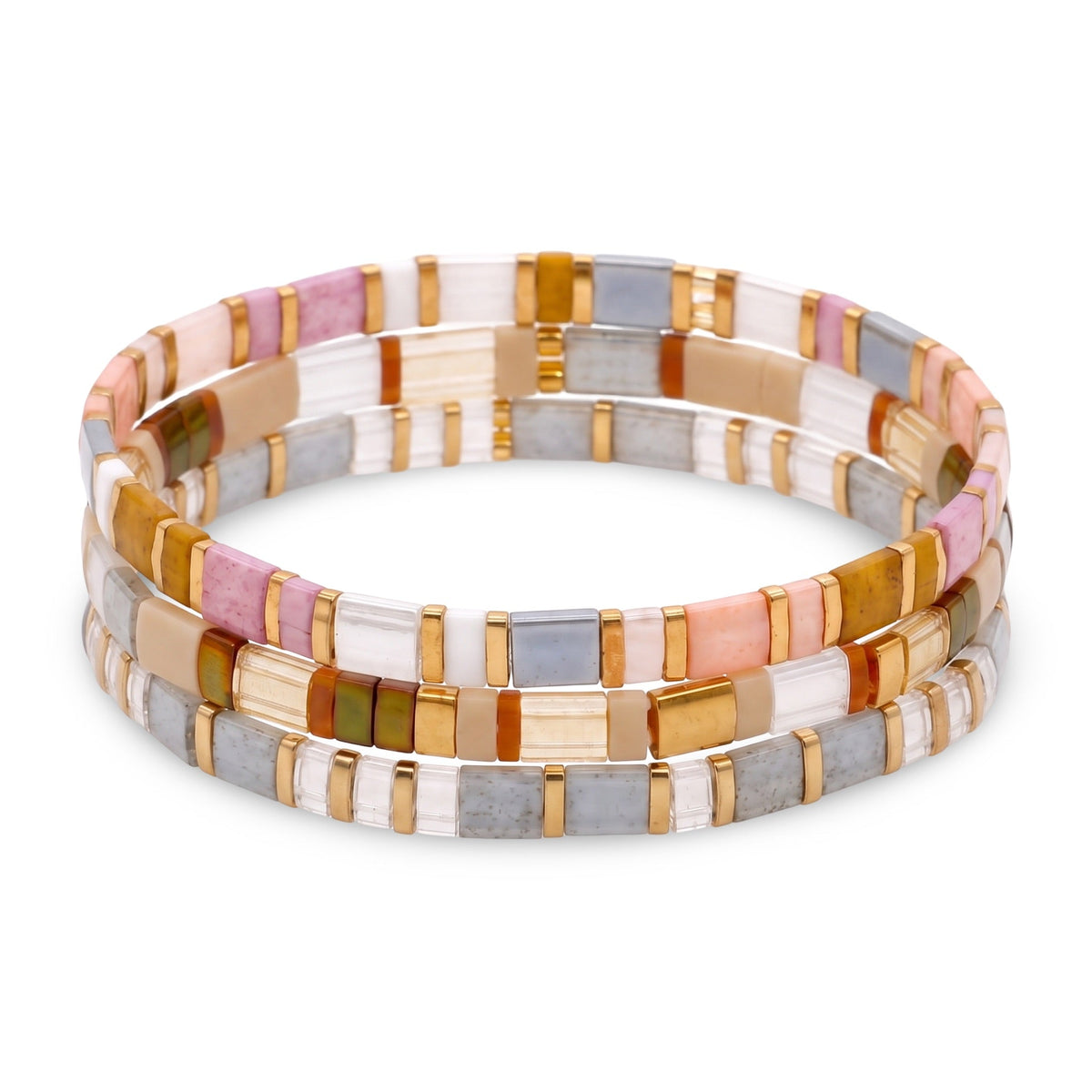 Trio de bracelets élastiques en perles Tila, nuances minérales et détails dorés, modèle Itaya