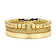 Trio de bracelets homme or en acier inoxydable avec couronne sertie de cristaux et gravure chiffres romains.