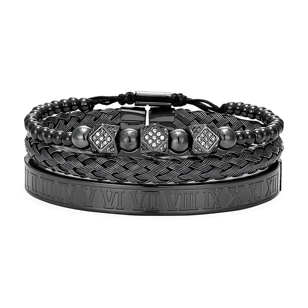 Trio de bracelets noirs en acier inoxydable, tressés et lisses avec chiffres romains gravés et détails carrés décoratifs.