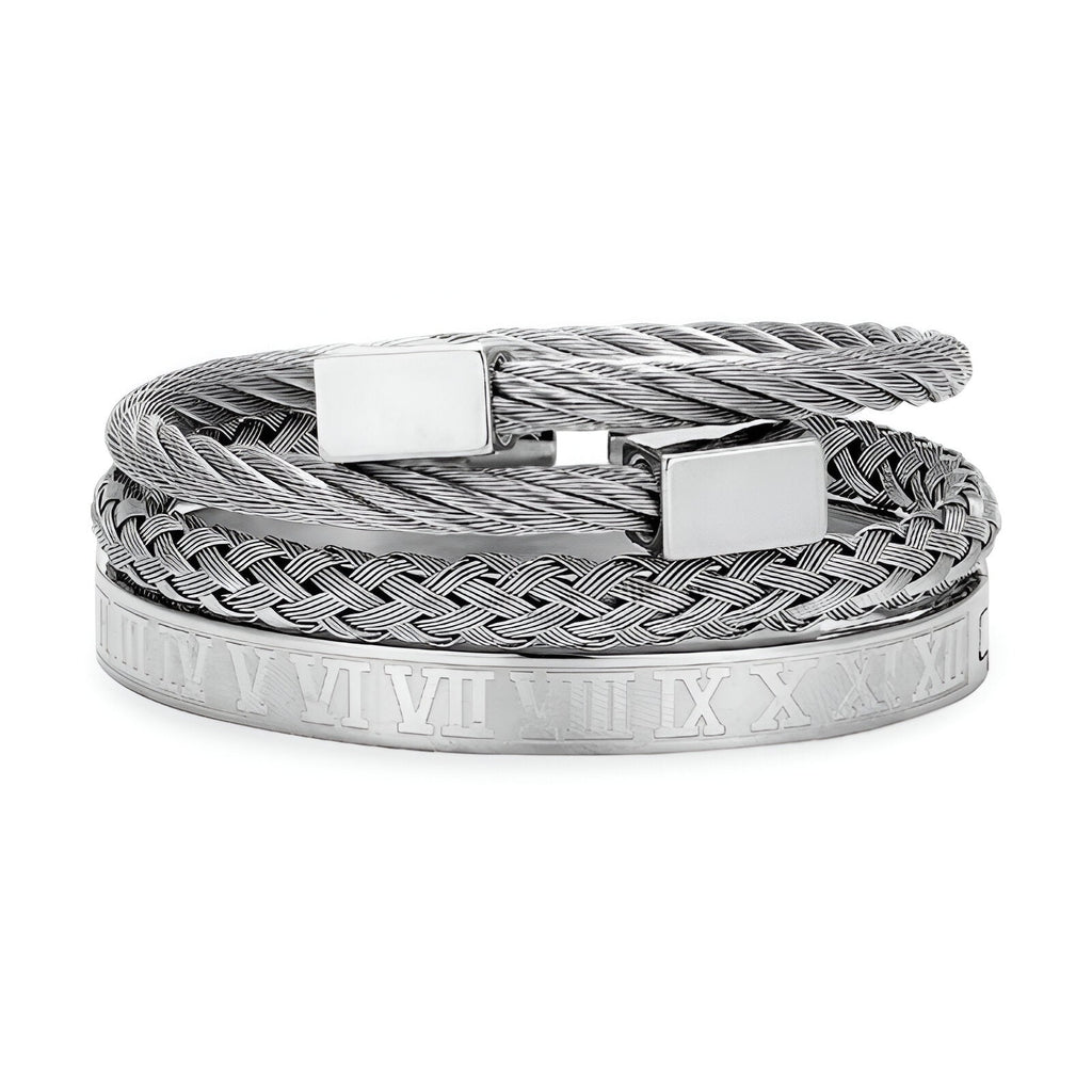 Trio de bracelets homme en acier inoxydable argenté avec motif tressé et chiffres romains gravés.