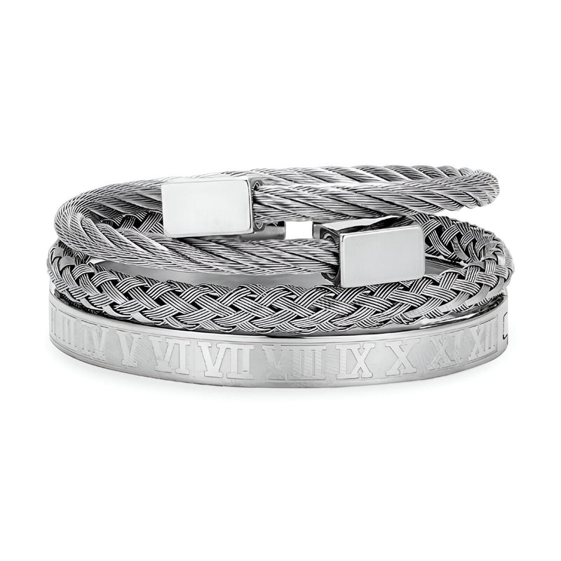Trio de bracelets homme en acier inoxydable argenté avec motif tressé et chiffres romains gravés.
