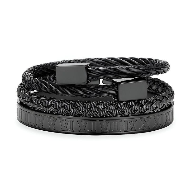 Trio de bracelets homme en acier inoxydable noir, design tressé et câble avec détails romains gravés.