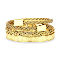 Trio de bracelets homme en acier inoxydable doré, tressé et gravé style romain.