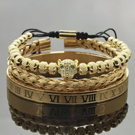 Trio de bracelets homme en acier inoxydable or, motif tête de léopard avec yeux verts, maillons tressés et bracelet lisse.