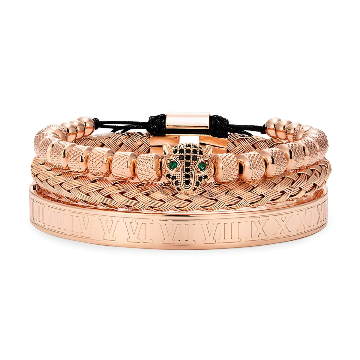 Trio de bracelets en acier inoxydable or rosé avec tête de léopard et détails tressés.