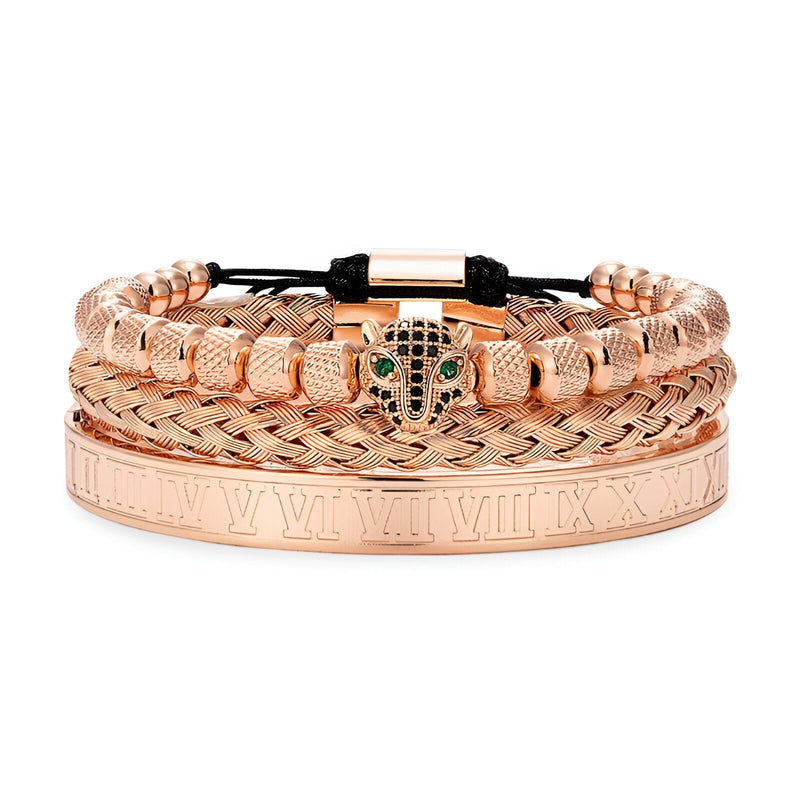 Trio de bracelets en acier inoxydable or rosé avec tête de léopard et détails tressés.