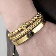 Trio de bracelets en acier inoxydable or, bracelet à perles avec tête de léopard, bracelet tressé et jonc gravé.