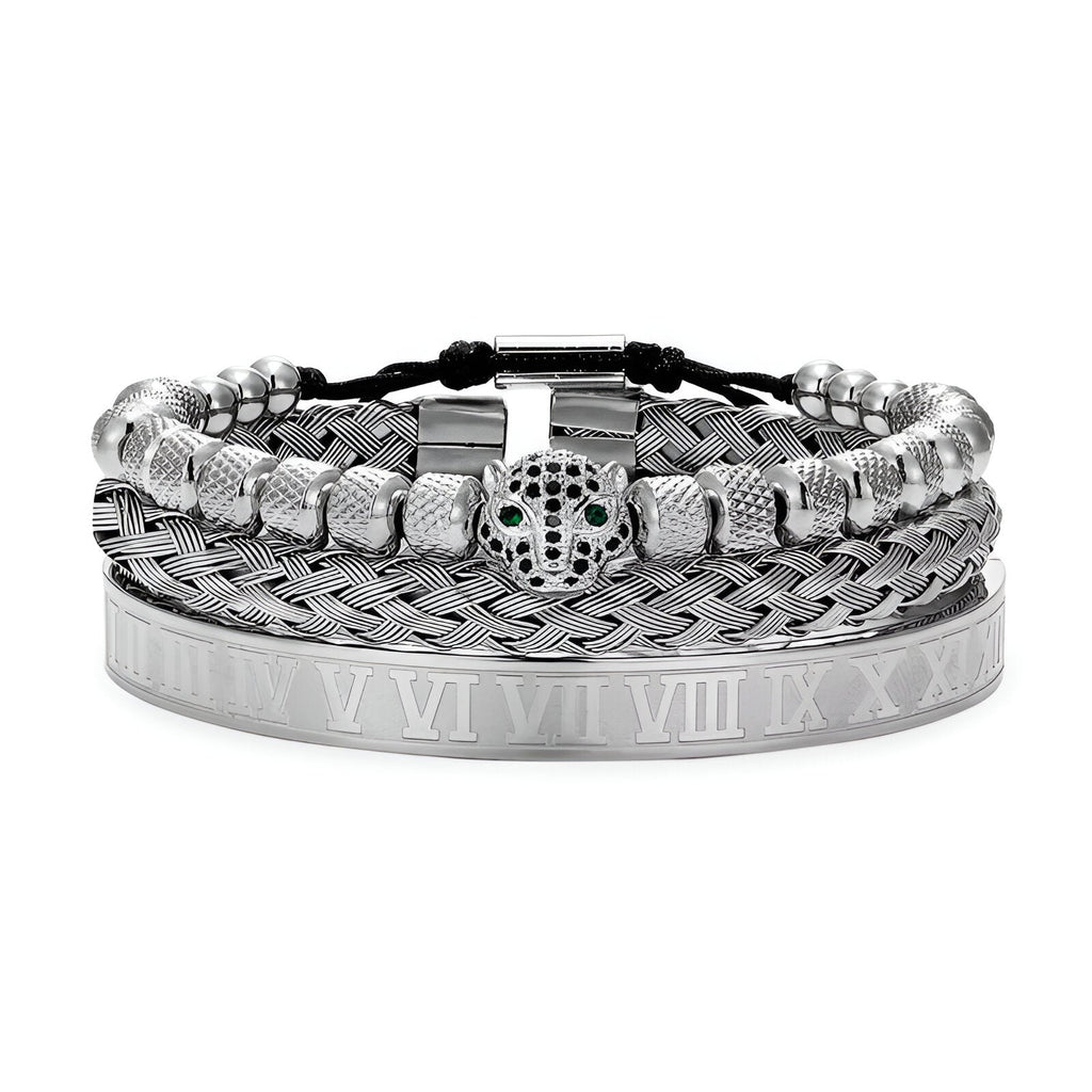 Trio de bracelets en acier inoxydable argenté, avec tête de léopard et bracelet à maillons tressés.