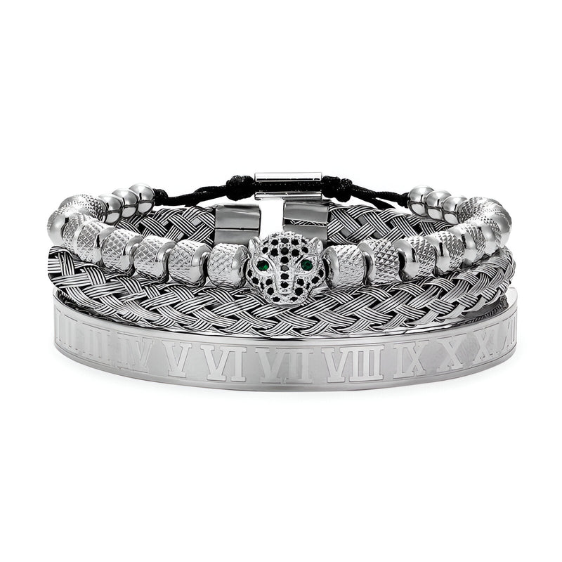 Trio de bracelets en acier inoxydable argenté, avec tête de léopard et bracelet à maillons tressés.