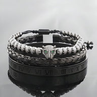Trio de bracelets homme en acier inoxydable avec tête de léopard argentée, détails tressés et gravure chiffres romains noir.