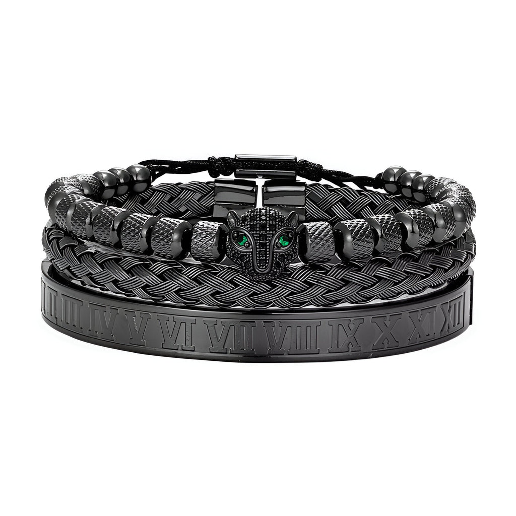 Trio de bracelets noirs en acier inoxydable avec tête de léopard verte et motifs gravés.