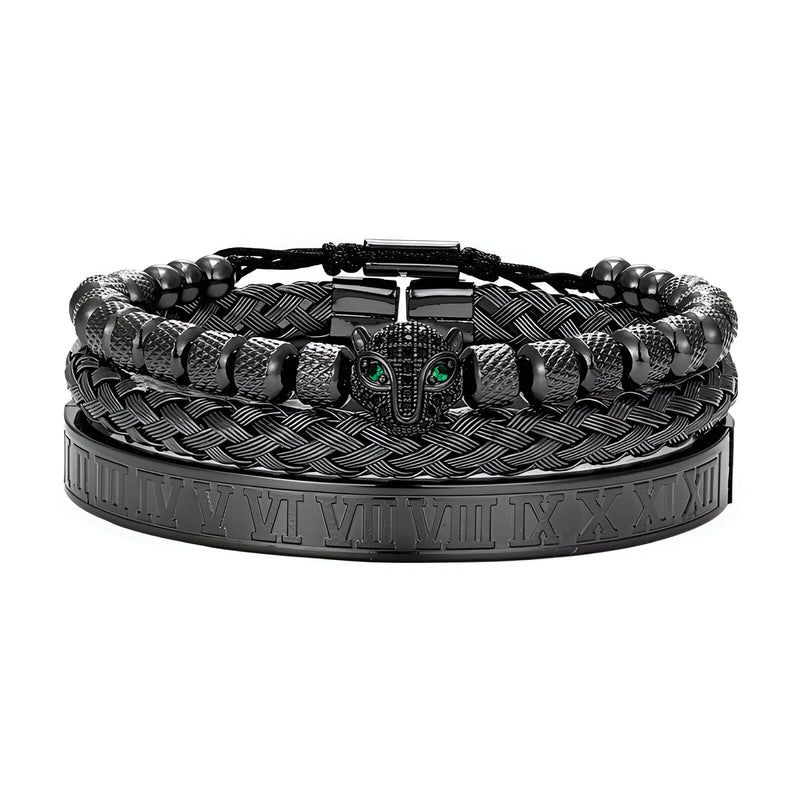 Trio de bracelets noirs en acier inoxydable avec tête de léopard verte et motifs gravés.