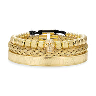 Trio de bracelets homme en acier inoxydable doré, maître skull central, tressé et rigide gravé.