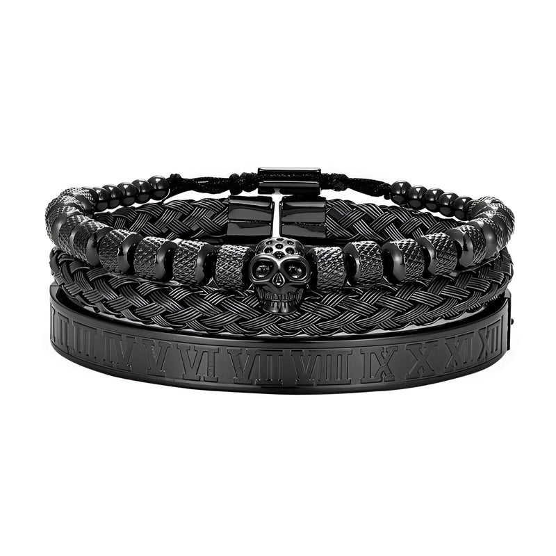 Trio de bracelets noirs en acier inoxydable, tresse, tête de mort et bracelet gravé chiffres romains.