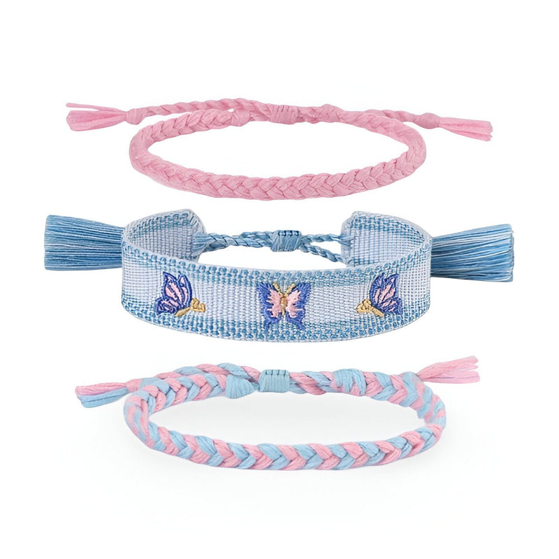 Trio de bracelets en coton tissé, avec papillons brodés, bleu et rose pâle, style bohème, fermoirs noués.