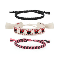 Trio de bracelets en coton tissé, motif papillons rouges, noir et blanc, design tressé et à franges.