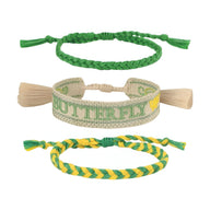 Trio de bracelets en coton tissé vert et jaune, modèle papillons avec texte "BUTTERFLY" brodé, style Tisara.