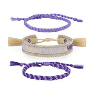 Trio de bracelets en coton tissé beige et violet avec motif papillon et lettrage Butterfly.