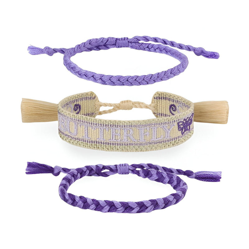 Trio de bracelets en coton tissé beige et violet avec motif papillon et lettrage Butterfly.