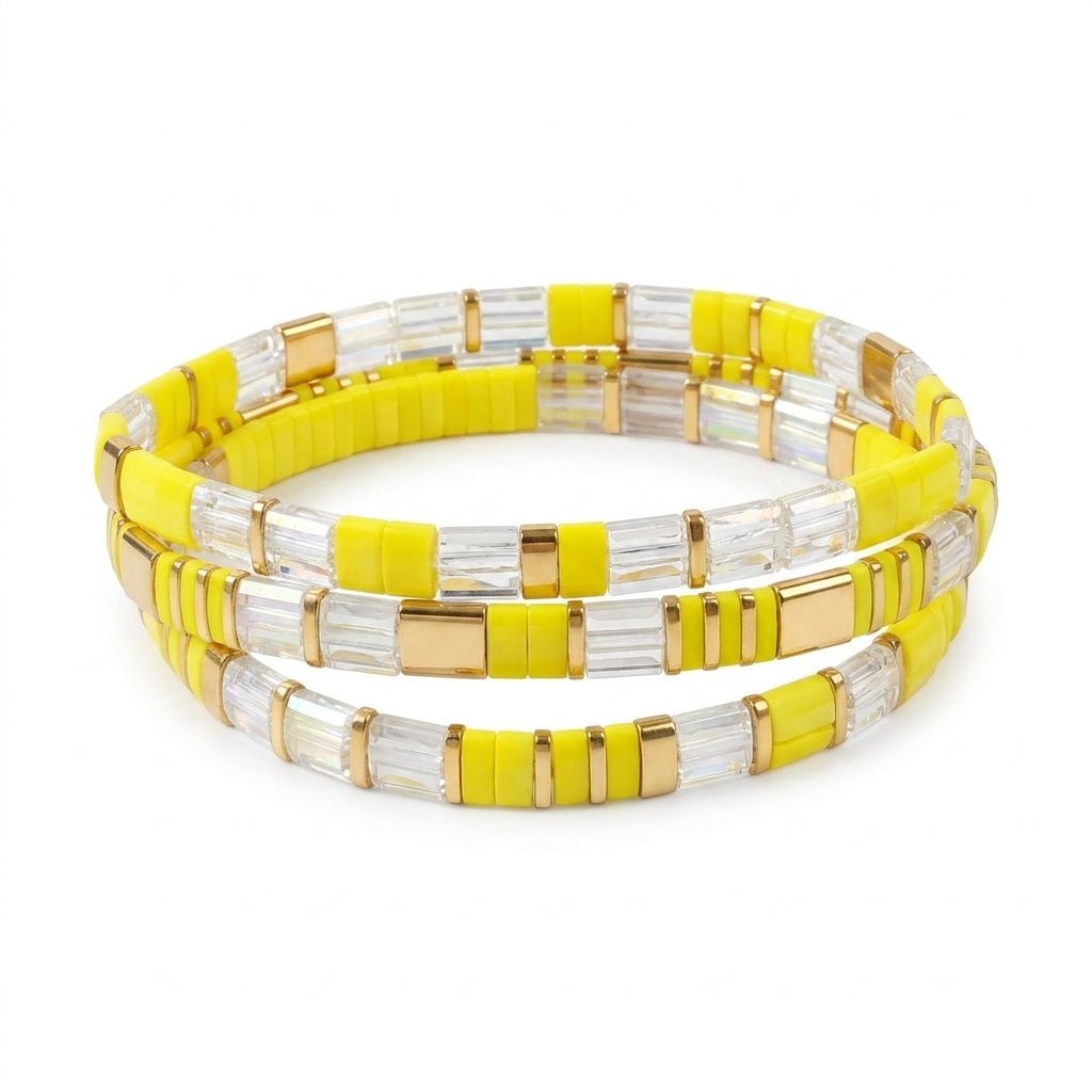 Trio de Bracelets en perles du Japon Miyuki jaune citron et cristal, parure pour femme, bijoux de poignet élastiques, lot de trois pièces, accessoires lumineux, modèle Kokoro
