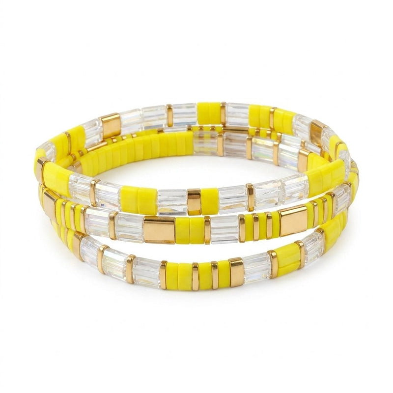 Trío de pulseras de perlas japonesas Miyuki en amarillo limón y cristal, conjunto para mujer, joyas elásticas para la muñeca, set de tres piezas, accesorios luminosos, modelo Kokoro