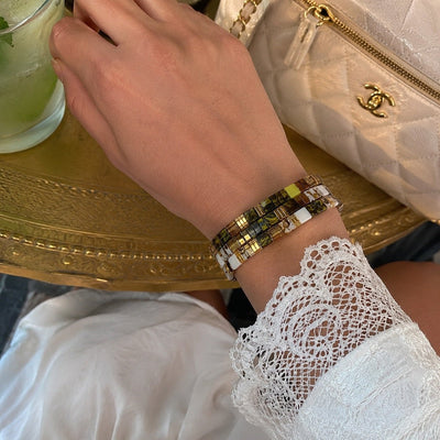 Trio de Bracelets en perles du Japon Miyuki kaki et blanc marbré, parure pour femme, bijoux de poignet élastiques, lot de trois pièces, accessoires tendance, modèle Masata