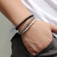 Trio de bracelets pour homme en pierres naturelles noir mat et argenté, style Helsinki.
