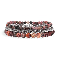 Trio de bracelets homme en pierres naturelles rouges et grises avec chaîne métal argenté entrelacée.