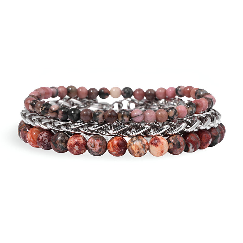 Trio de bracelets homme en pierres naturelles rouges et grises avec chaîne métal argenté entrelacée.