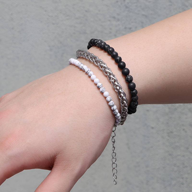 Trio de bracelets homme pierres naturelles quartz blanc, acier argenté, perles noires œil de tigre.