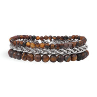 Trio de bracelets homme pierres naturelles et maillons argentés, tons bruns et noirs.