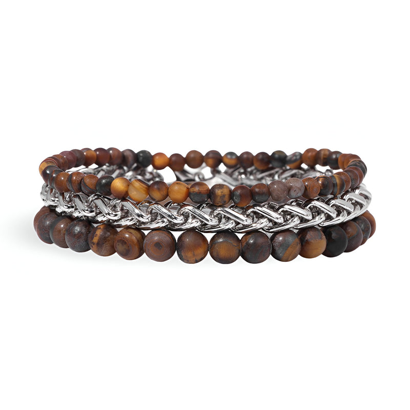 Trio de bracelets homme pierres naturelles et maillons argentés, tons bruns et noirs.