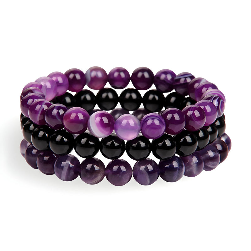 Trio de bracelets en pierres naturelles violettes et noires, perles rondes, style Lennox.