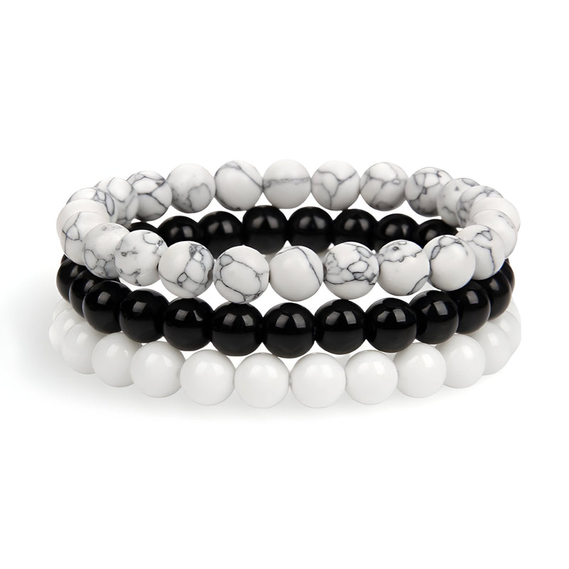Trio de bracelets mixte en howlite blanche et noire, design naturel élégant.