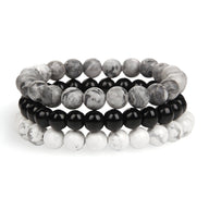 Trio de bracelets en perles naturelles gris marbré, noir brillant et blanc marbré, style mixte Lennox.