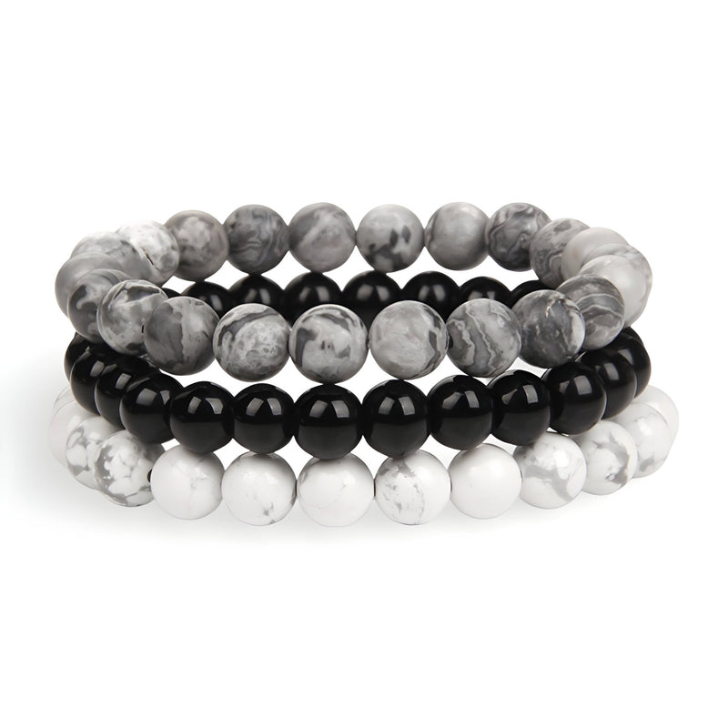 Trio de bracelets en perles naturelles gris marbré, noir brillant et blanc marbré, style mixte Lennox.