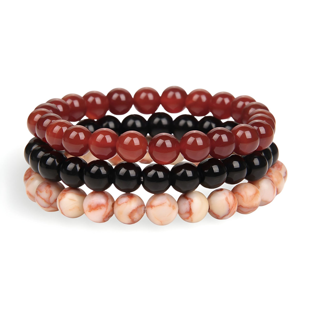 Trio de bracelets perles naturelles rouge, noires et marbrées crème et rose, style Lennox.