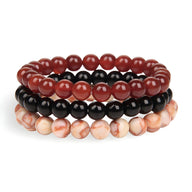 Trio de bracelets perles naturelles rouge, noires et marbrées crème et rose, style Lennox.