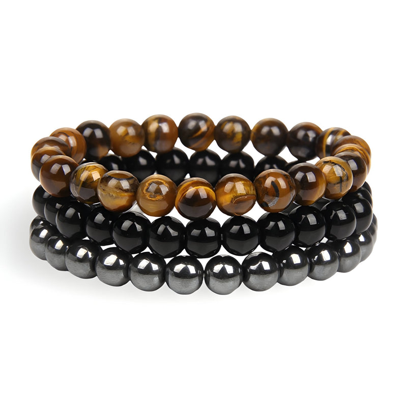 Trio de bracelets en œil de tigre et hématite, perles rondes polies, style mixte élégants.