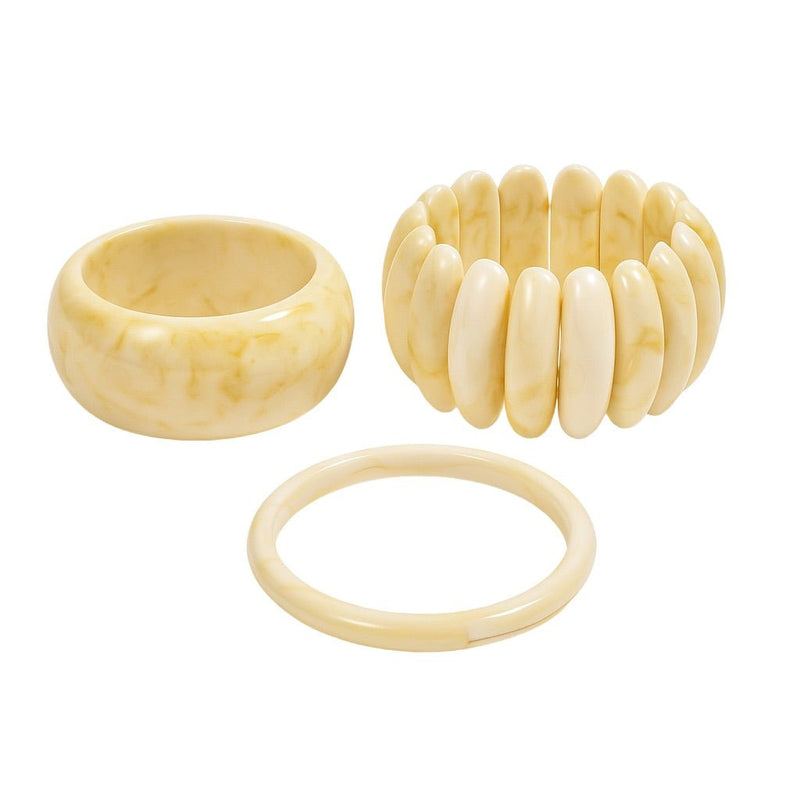 Trio de bracelets en résine, chic, effet marbre et ivoire, large à superposer, modèle Zanita - La Boutique du Bracelet