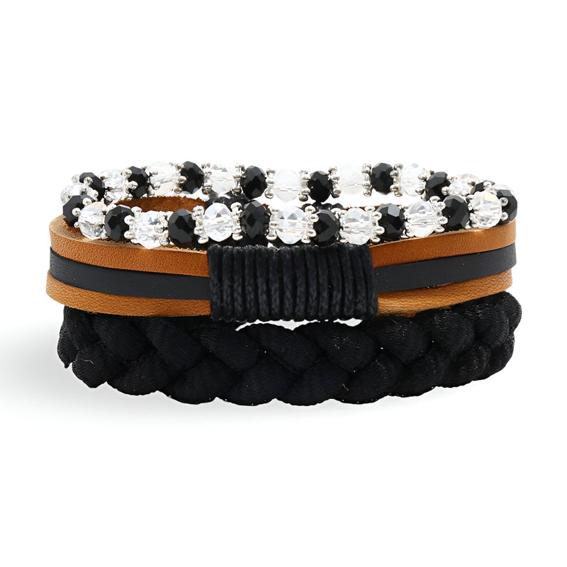 Trio de bracelets femme en cuir noir et marron avec perles cristal et tresse noire épaisse.