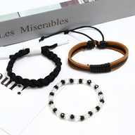Trio de bracelets larges femme avec cuir noir tressé, cuir marron et cristal noir élégants.