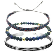 Trio de bracelets pour homme, perles lapis lazuli et vertes, argent brossé et cordon tressé bleu et rouge.