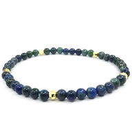 Trio de bracelets tibétains pour homme en perles lapis lazuli bleu et argent doré.